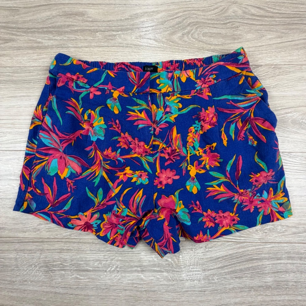 J.Crew‎ Womens Blue Tropical Floral Linen Viscose Pull On Shorts Sz 12 High Rise